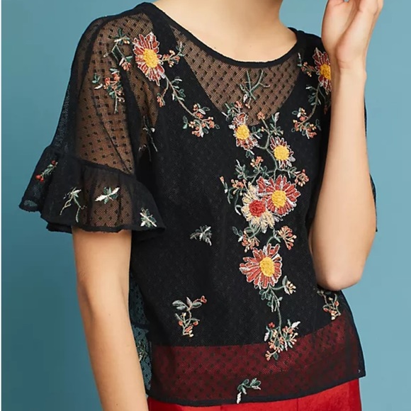 Maeve Embroidered Floral Polka Dot Mesh Cadiz Top - Picture 1 of 7